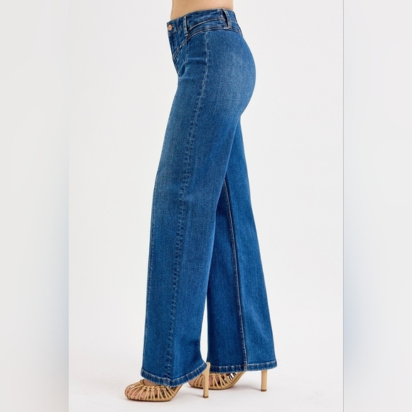 Risen High Rise Dark Wash Front Yoke Seam Detail Wide Leg Jeans Various NEW - Picture 3 of 5